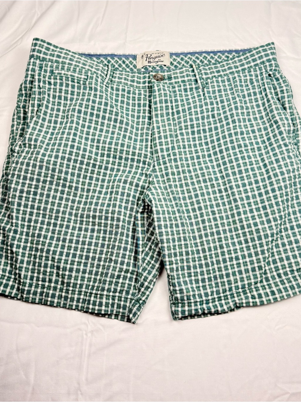 Original Penguin Men's Plaid Shorts‎ Green White 100% Cotton Size 34